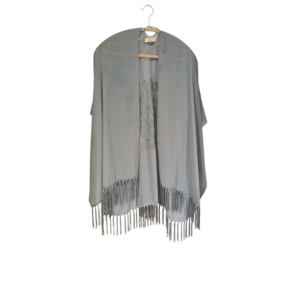 David and Young Kimono One Size Blue Floral Embroidered Fringe Boho Wrap Coverup